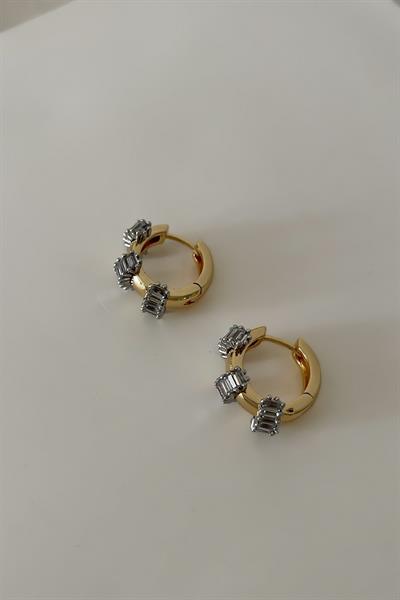 Gümüş Kaplama Gold Üzeri Gümüş Baget Taş Biyeli Halka Küpe (İç Çap:17mm)