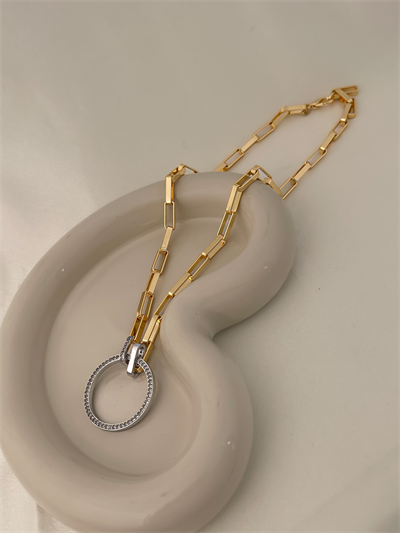 Gümüş Zirkon Taşlı Daire Uç Gold Geçmeli Zincir Kolye (49 Cm)