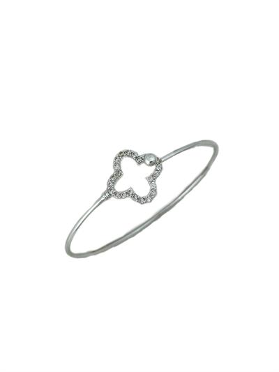 Gümüş Zirkon Taşlı İçi Boş Yonca Figür Kelepçe Bileklik