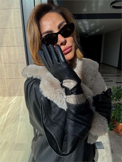 İçi Triko Siyah Deri Eldiven