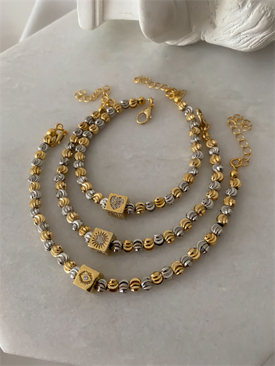 İki Renkli Lazer Kesim Topçuklu Küp Detay Bileklik (22cm)