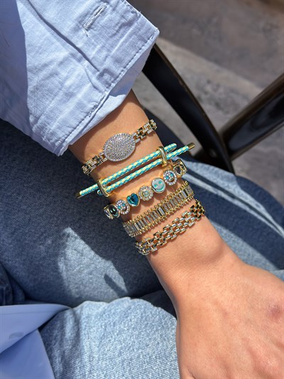 İki Renkli Örme İp Çelik Plaka Detay Ayarlanabilir Bileklik Kombini