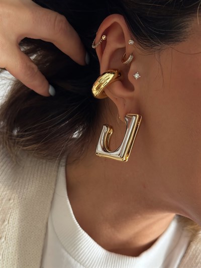 İki Renkli Tasarım Kare Halka Küpe Kombini