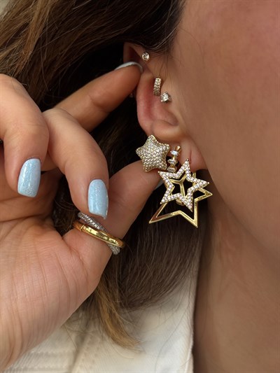 İkili Yıldız Küpe Kombini Gold