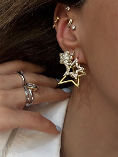 İkili Yıldız Küpe Kombini Gold