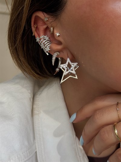 İkili Yıldız Küpe Kombini Gümüş