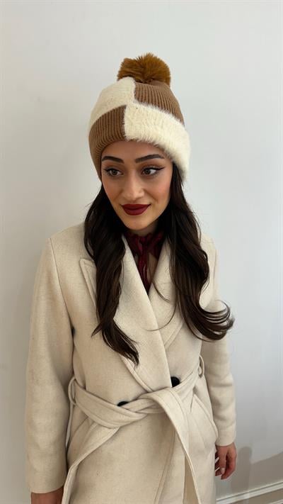 Kahve Ekru İki Renk Polarlı Bere