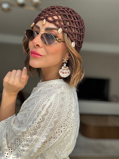 Kahverengi İstiridye Sallantılı Örme File Kep Şapka