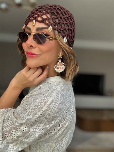 Kahverengi İstiridye Sallantılı Örme File Kep Şapka