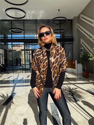Kahverengi Leopar Desen Pamuklu Şal