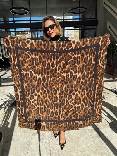 Kahverengi Leopar Desen Pamuklu Şal