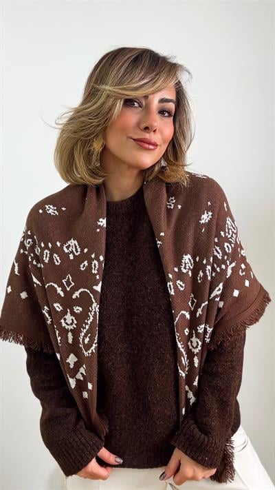 Kahverengi Üzeri Bej Etnik Desenli Kare Şal