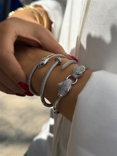 Kaplan Kelepçe Bileklik Kombini Gümüş