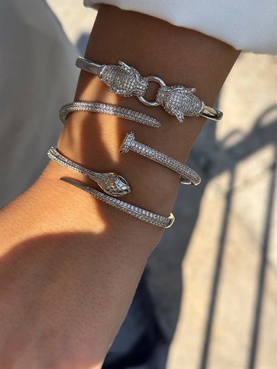 Kaplan Kelepçe Bileklik Kombini Gümüş