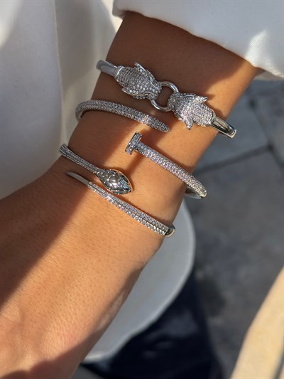 Kaplan Kelepçe Bileklik Kombini Gümüş