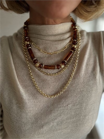 Kehribar Silindir Boncuk Sıralı Gold Topçuk ve Biye Detay Kolye Kombini