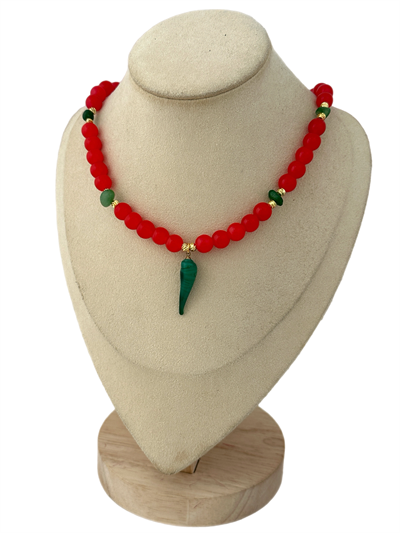 Kırmızı Akik Taş Murano Biber Uç Kolye (47 Cm)