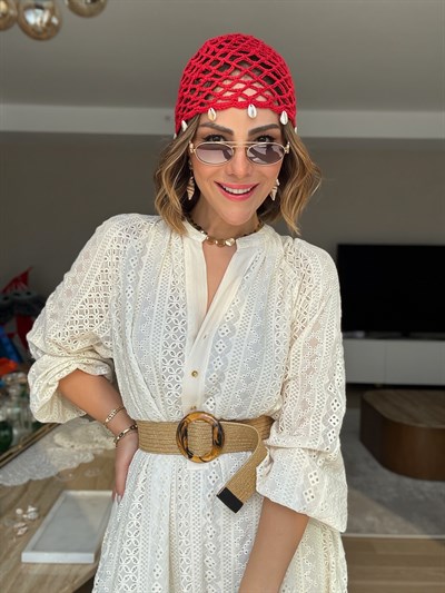 Kırmızı İstiridye Sallantılı Örme File Kep Şapka