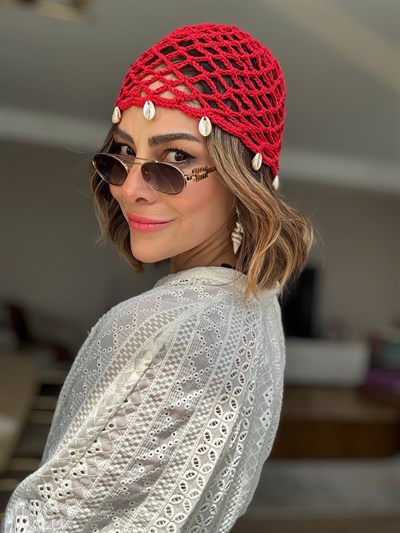 Kırmızı İstiridye Sallantılı Örme File Kep Şapka
