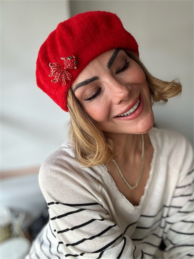 Kırmızı Peluş Fransız Model Ressam Bere Kombini