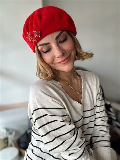 Kırmızı Peluş Fransız Model Ressam Bere Kombini