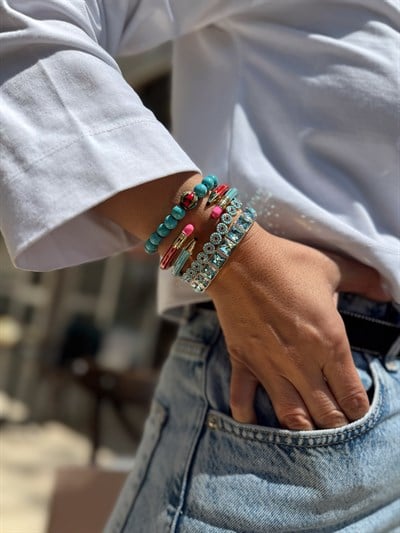 Kırmızı Turkuaz Kalem Gold Şerit Detay Kelepçe Bileklik Kombini