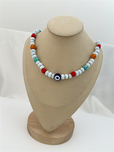 Kuzu Boncuk Sıralı Renkli Makarna Model Boncuk Detay Kolye (47cm)