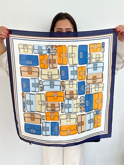 Lacivert Kenar Çoklu Renkli Çanta Figür Fular (70 * 70)