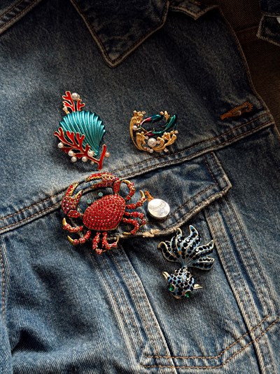 Lacivert Taşlı Balık Broş Kombini