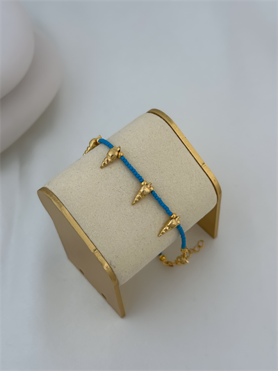 Mavi Afgan Boncuk Sıralı Minimal Deniz Kabuğu Uç Sallantılı Halhal (24 Cm)