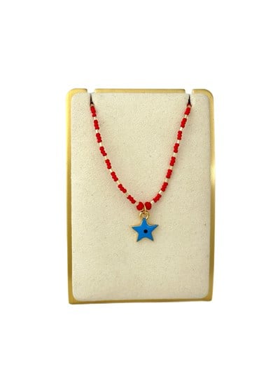 Mavi Mineli Yıldız Figür Gold Biye Detay Kırmızı Kum Boncuk Sıralı Kolye (45 Cm)