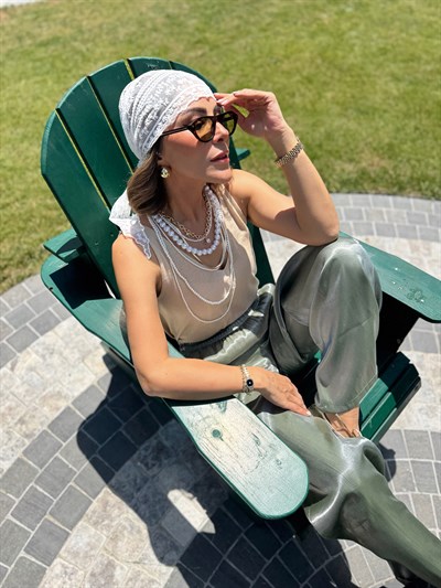 Nokta Detay Çoklu Çiçek Figür Uzun Model Dantel Üçgen Bandana & Fular