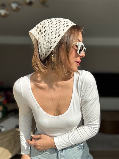 Örme İp Bağlamalı Ekru Çok Amaçlı Bandana