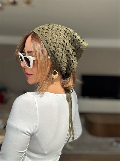 Örme İp Bağlamalı Haki Yeşil Çok Amaçlı Bandana