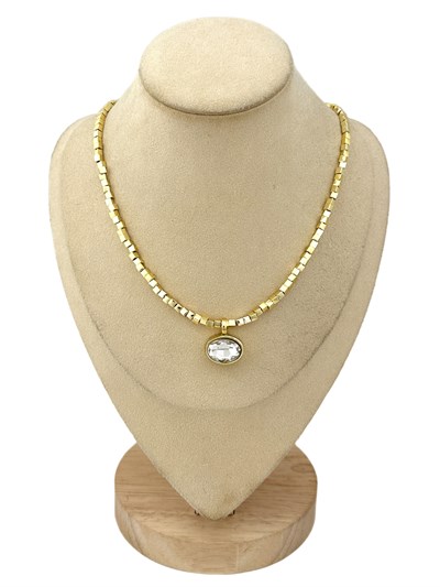 Oval Kesimli Kristal Taş Model Kare Plaka Sıralı Kolye ( 46 Cm )