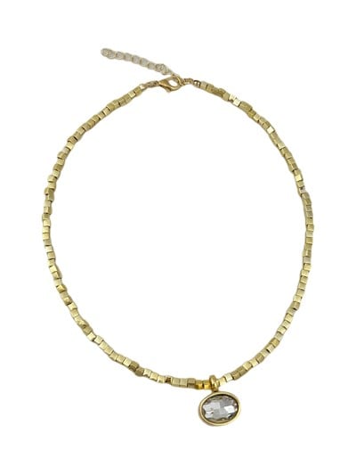 Oval Kesimli Kristal Taş Model Kare Plaka Sıralı Kolye ( 46 Cm )