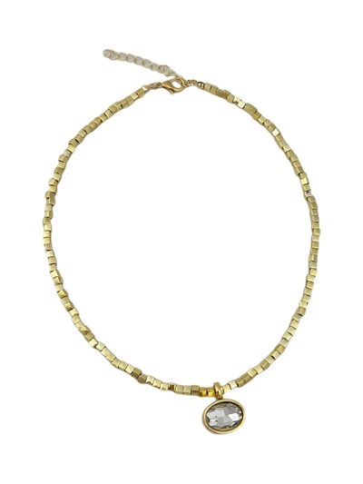 Oval Kesimli Kristal Taş Model Kare Plaka Sıralı Kolye ( 46 Cm )