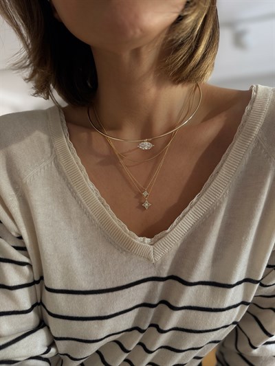 Oval Taş Tel Choker Kolye Kombini
