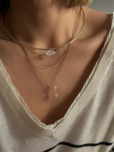 Oval Taş Tel Choker Kolye Kombini