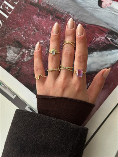 Oval Yanar Döner Taşlı Ayarlamalı Serçe Parmak Yüzük Kombini