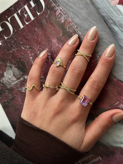 Oval Yanar Döner Taşlı Ayarlamalı Serçe Parmak Yüzük Kombini