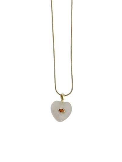 Oval Zirkon Taş Detay Doğal Taş Kalp Figür 14K Renk Çelik Kolye ( 46 Cm )