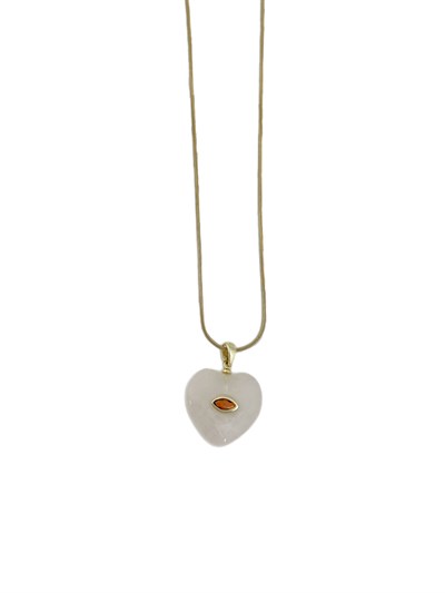 Oval Zirkon Taş Detay Doğal Taş Kalp Figür 14K Renk Çelik Kolye ( 46 Cm )