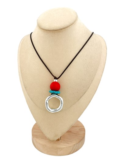 Özel Seri Asimetrik Gümüş Halka Detay Renkli Boncuk Otantik Deri İp Kolye