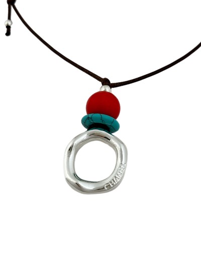 Özel Seri Asimetrik Gümüş Halka Detay Renkli Boncuk Otantik Deri İp Kolye