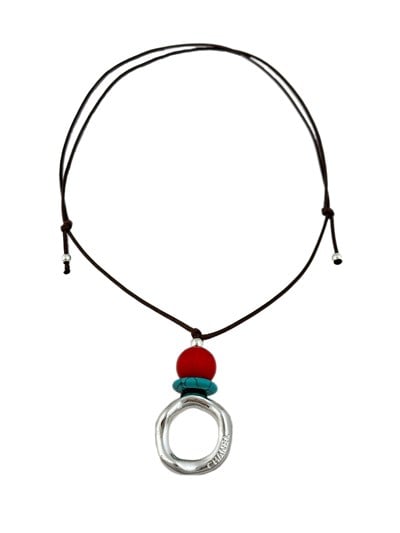 Özel Seri Asimetrik Gümüş Halka Detay Renkli Boncuk Otantik Deri İp Kolye