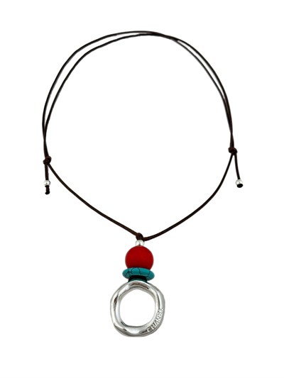 Özel Seri Asimetrik Gümüş Halka Detay Renkli Boncuk Otantik Deri İp Kolye