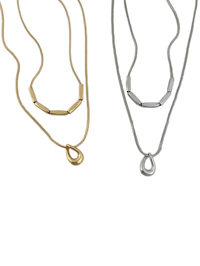 Özel Seri Asimetrik Oval Halka Detay Küp Boncuklu İkili Zincir Kolye ( 46 Cm )