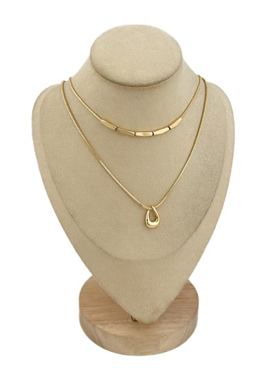 Özel Seri Asimetrik Oval Halka Detay Küp Boncuklu İkili Zincir Kolye ( 46 Cm )