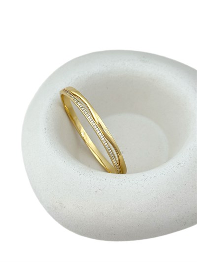 Özel Seri Asimetrik Plaka ve Zirkon Taş Sıralı Kelepçe Bileklik ( İç Çap : 5.8 Cm )